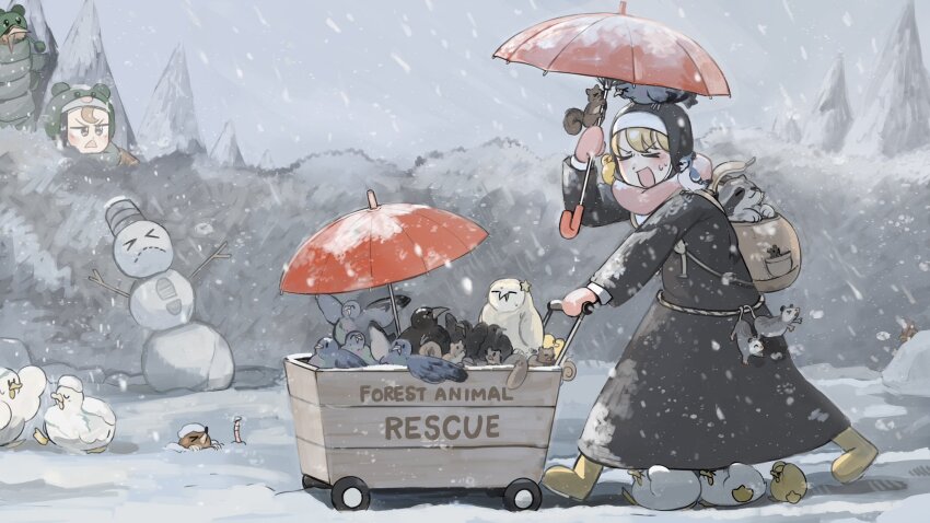 2girls :d backpack bag bird blizzard blonde_hair blue_jay boots brown_hair chicken clumsy_nun_(diva) commentary crow diva_(hyxpk) duck duckling earthworm english_commentary froggy_nun_(diva) highres holding holding_umbrella little_nuns_(diva) mittens mole_(animal) mouse_(animal) multiple_girls nun open_mouth ostrich owl pigeon pink_mittens pink_scarf possum red_umbrella rubber_boots scarf smile snow snowing snowman squirrel traditional_nun umbrella yellow_boots
