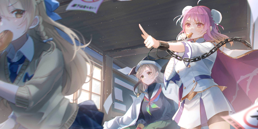3girls alternate_costume bandaged_arm bandages black_shirt blonde_hair blue_necktie blue_skirt bow braid bread bun_cover cape chain closed_mouth coat coat_on_shoulders collared_shirt commentary cuffs double_bun english_commentary food food_in_mouth game_cg green_skirt hair_bow hair_bun hat highres ibaraki_kasen ibaraki_kasen_(unparalleled_head_prefect) indoors kirisame_marisa kirisame_marisa_(dauntless_problem_child) long_hair matara_okina_(student_leader_behind_the_scenes) multiple_girls necktie official_art oyuyu pink_cape pink_hair pointing pointing_at_another school_uniform shackles shirt side_braid single_braid skirt smile sweater third-party_source touhou touhou_lostword two-sided_cape two-sided_fabric whistle whistling white_bow white_cape white_coat white_shirt yakisobapan yellow_eyes yellow_sweater