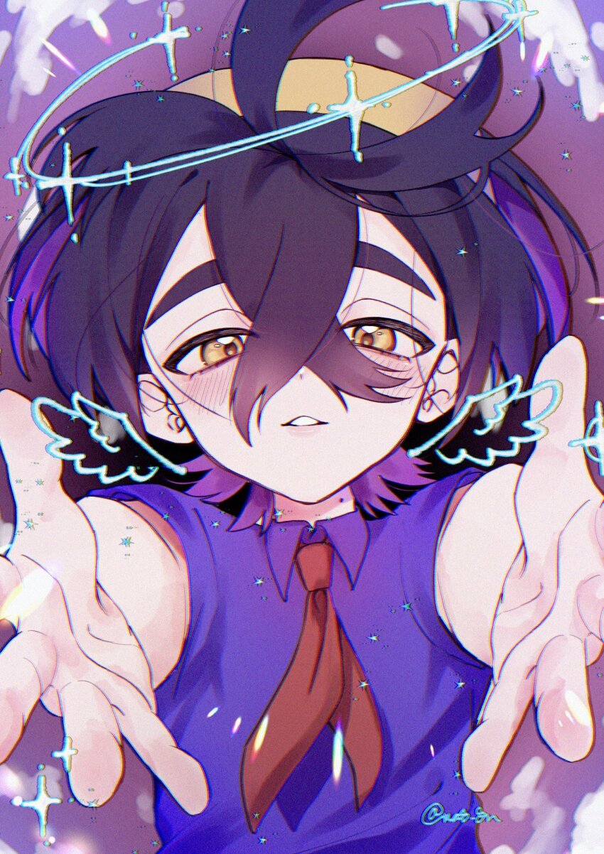 1boy ahoge black_hair blue_shirt blush collared_shirt colored_inner_hair commentary_request crossed_bangs hair_between_eyes hairband highres kieran_(pokemon) looking_at_viewer male_focus mole mole_on_neck multicolored_hair na8_8n necktie nintendo outstretched_arms pokemon pokemon_sv red_necktie shirt short_sleeves smile solo spread_fingers teeth upper_body yellow_eyes yellow_hairband