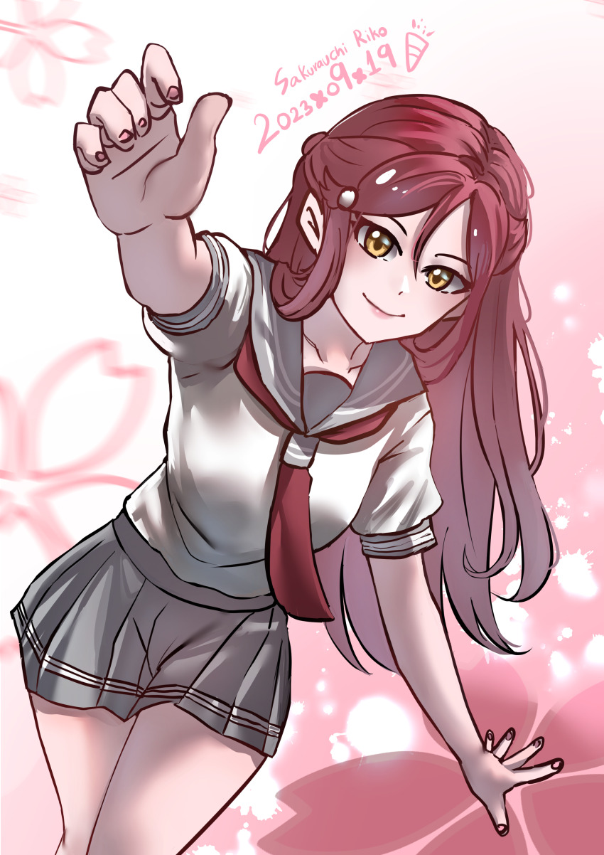 1girl absurdres dated highres long_hair love_live! love_live!_sunshine!! over_flow99 red_hair sakurauchi_riko short_sleeves smile solo uranohoshi_school_uniform yellow_eyes