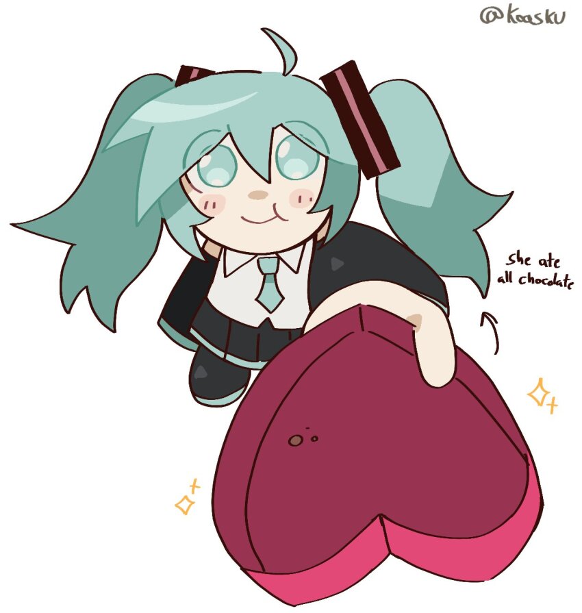 1girl :t ahoge aqua_eyes aqua_hair arrow_(symbol) black_boots black_skirt blush_stickers boots box chibi chibi_only closed_mouth detached_sleeves english_text hatsune_miku heart-shaped_box highres holding holding_box koasku long_hair looking_at_viewer neck outstretched_arm reaching reaching_towards_viewer shirt skirt smile solo sparkle twintails twitter_username valentine vocaloid water white_shirt