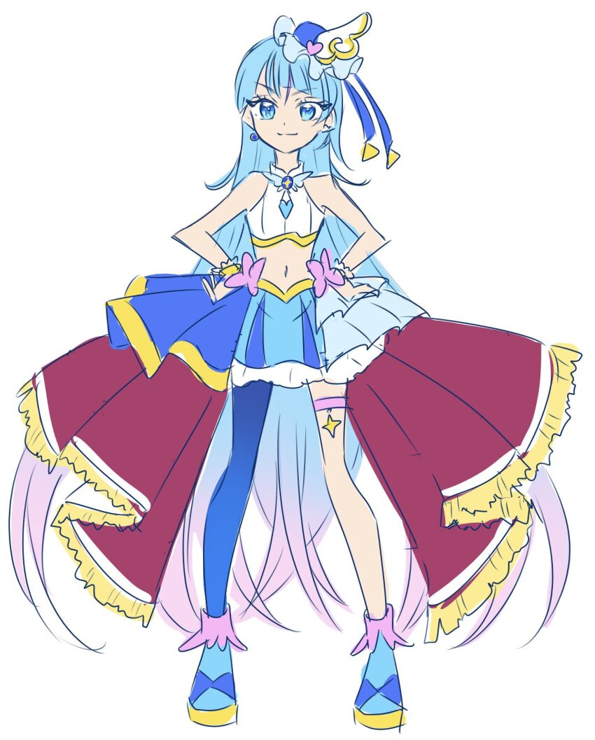 1girl asymmetrical_clothes asymmetrical_legwear bare_shoulders blue_boots blue_eyes blue_hair blue_headwear blue_skirt blue_theme boots commentary_request cosplay cure_butterfly cure_butterfly_(cosplay) cure_sky earrings eyelashes fpminnie1 gradient_hair happy headwear_request highres hirogaru_sky!_precure jewelry long_hair looking_at_viewer magical_girl midriff multicolored_hair navel pantyhose pink_hair precure shirt simple_background single_leg_pantyhose sketch skirt smile solo sora_harewataru standing streaked_hair thigh_strap very_long_hair white_background wrist_cuffs