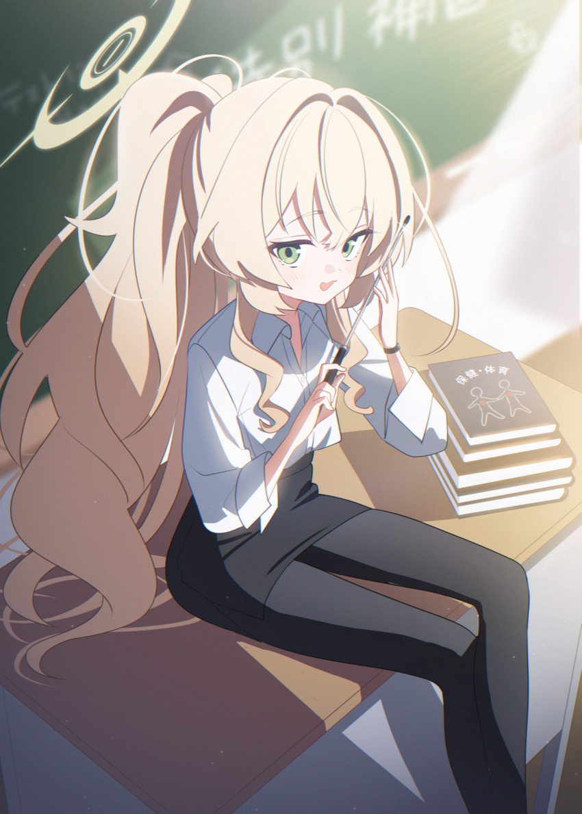 1girl alternate_costume alternate_hairstyle black_pantyhose blonde_hair blue_archive book chopsticks green_eyes highres kaerunrun looking_at_viewer pantyhose ponytail professor_niyaniya_(blue_archive) professor_niyaniya_(teacher)_(blue_archive) shirt sitting solo white_shirt