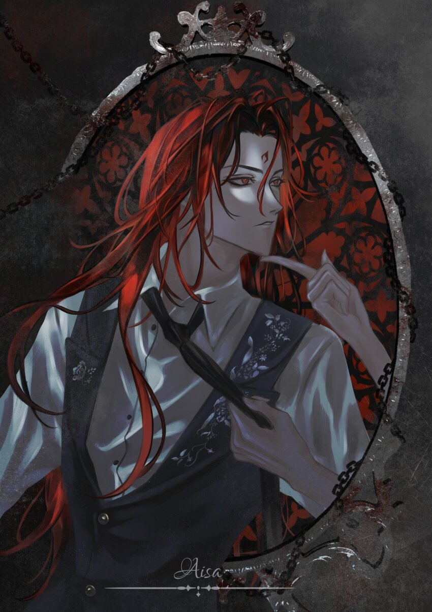 1boy 1other adjusting_clothes adjusting_necktie ajsaart black_necktie black_vest chain collared_shirt curtained_hair facial_mark forehead_mark hand_on_another&#039;s_chin hand_up hashtag-only_commentary highres long_hair lord_of_the_mysteries male_focus medici_(lord_of_the_mysteries) necktie out_of_frame parted_lips portrait_(object) red_eyes red_hair shirt through_medium upper_body vest white_shirt