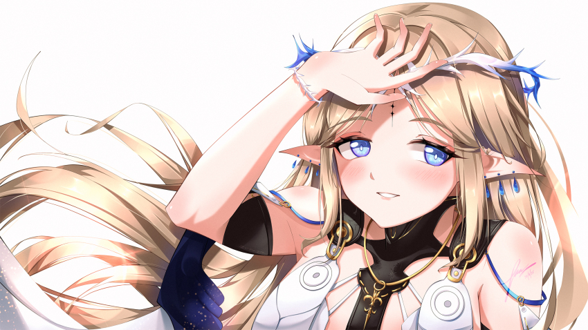 1girl bare_shoulders black_collar blonde_hair blue_eyes blush cartethyia_(wuthering_waves) collar commentary crown_of_thorns earrings floating_hair hand_up hashtag-only_commentary highres jewelry long_hair looking_at_viewer parted_lips pointy_ears portrait sidelocks signature simple_background smile solo tacet_mark_(wuthering_waves) white_background wuthering_waves zrhnzm