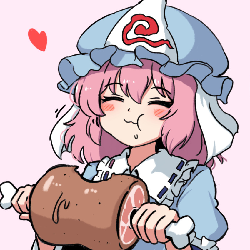 1girl blue_kimono blush eating ehehe52921343 food ham heart highres japanese_clothes kimono pink_hair saigyouji_yuyuko short_hair touhou