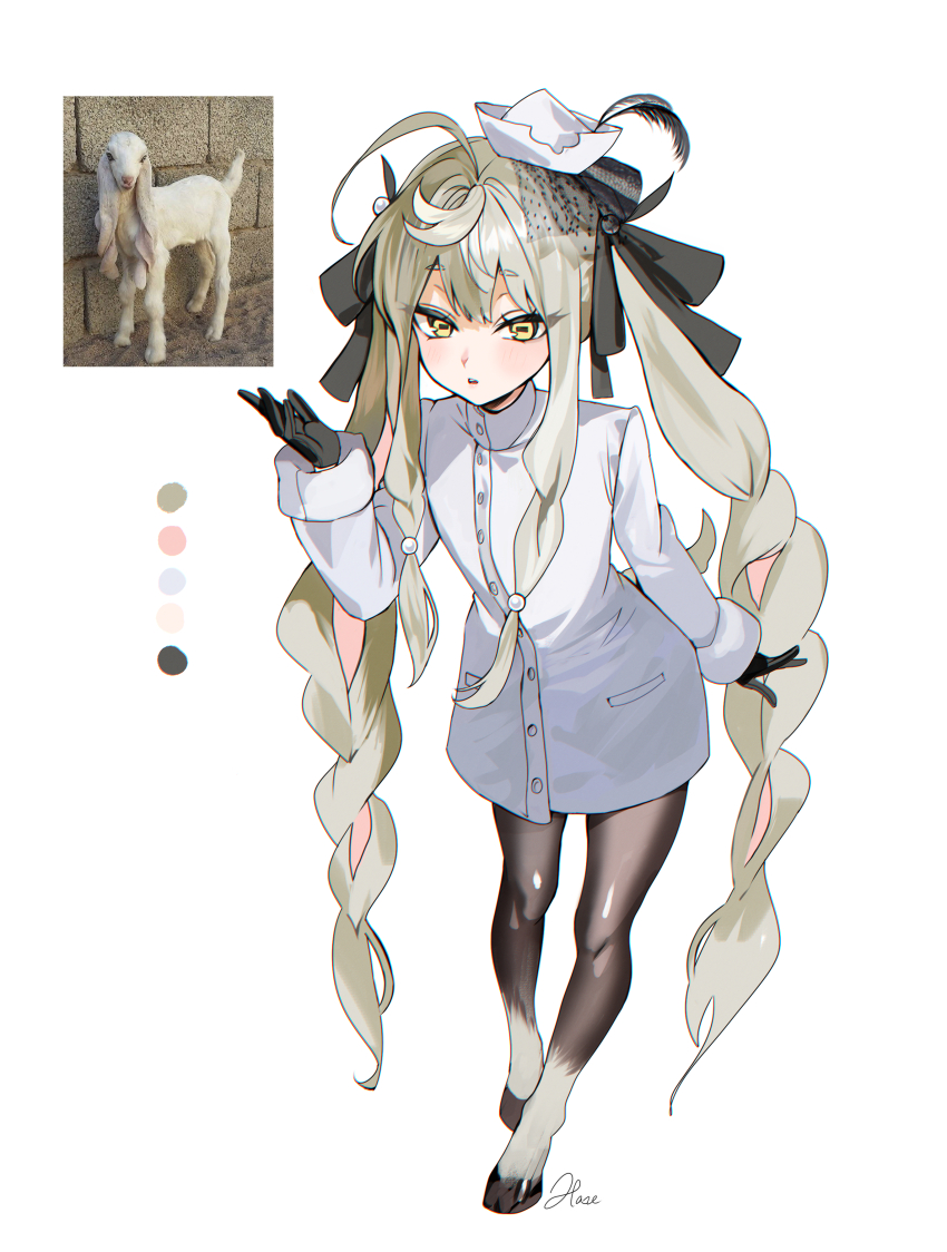 1girl absurdres animal animal_legs antenna_hair black_gloves black_ribbon blonde_hair coat full_body gloves goat goat_girl hair_ribbon hat haze_(ohw8g) highres long_hair original personification photo-referenced ribbon simple_background solo very_long_hair white_background white_coat white_hat yellow_eyes