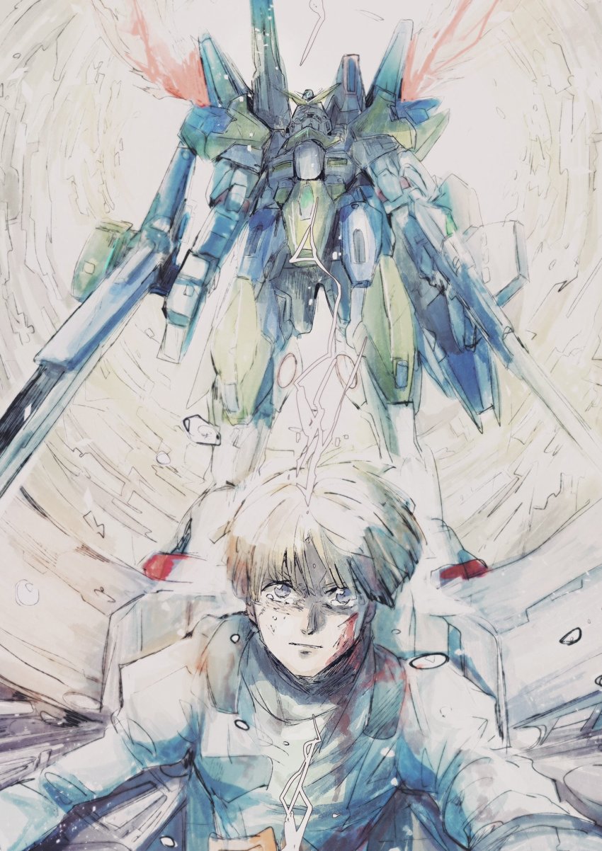 1boy blood blood_on_face cockpit crying crying_with_eyes_open dual_wielding floating_hair grey_eyes gun gundam highres holding holding_gun holding_weapon kare_(0621utak) male_focus mecha mobile_suit robot science_fiction sitting sketch tears uso_ewin v-fin v2_gundam victory_gundam weapon
