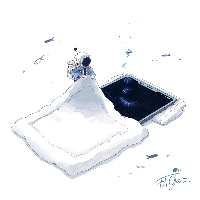 1other absurdres animate_object artist_name backpack bag blanket blue_jacket cellphone closed_eyes commentary covering_with_blanket eyelashes fish flying_fish gloves helmet highres holding holding_blanket jacket kazunoko_(kazunoko_zunoco) one-eyed original oversized_object phone pillow pun radio_antenna signature simple_background sleeping smartphone space_helmet standing white_background white_gloves zzz