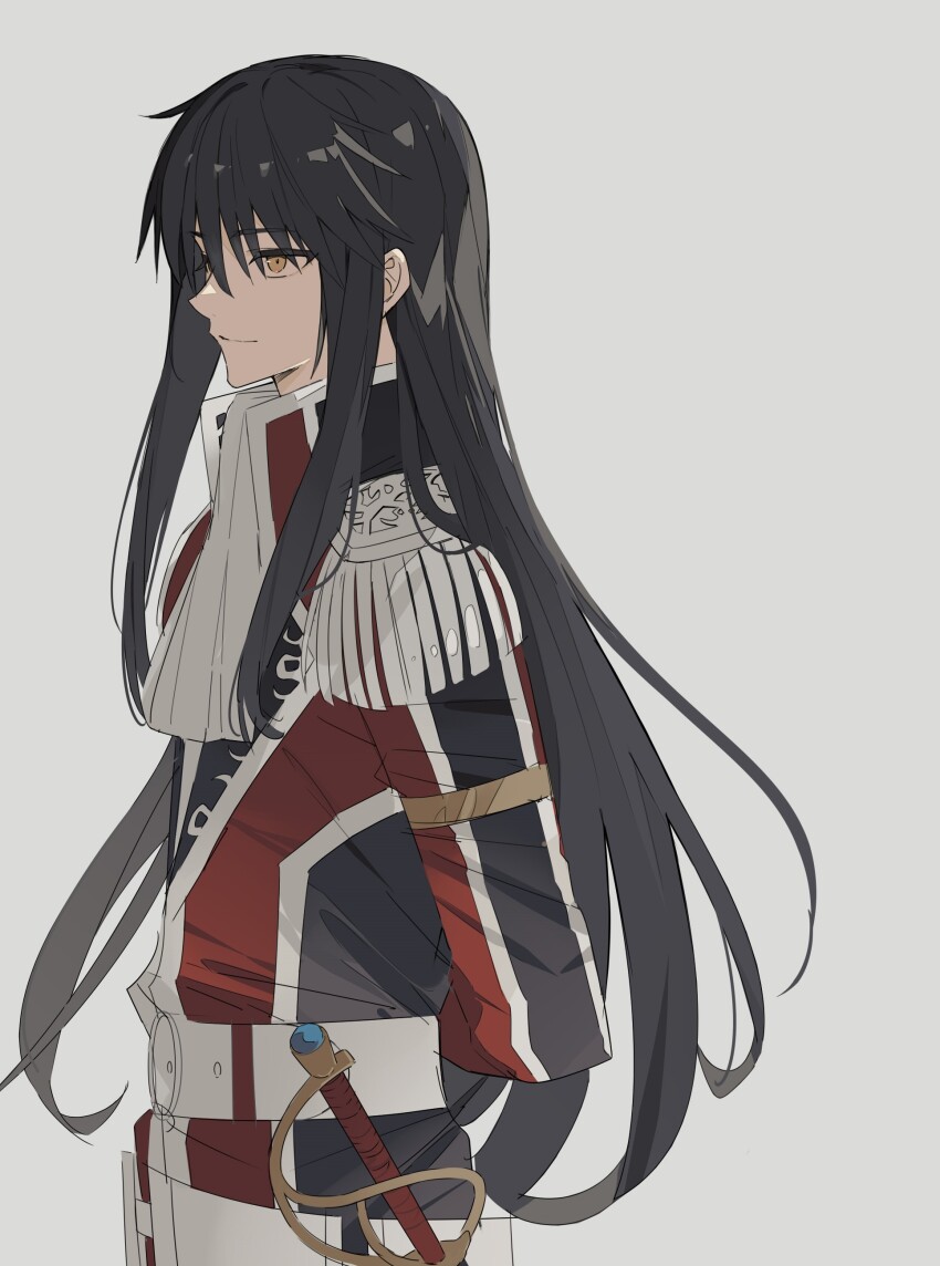 1boy absurdres ascot belt black_hair closed_mouth coat commentary_request epaulettes ernst_(ys) george_man highres light_smile long_hair looking_ahead male_focus rapier solo sword very_long_hair weapon white_ascot yellow_eyes ys ys_vi:_the_ark_of_napishtim