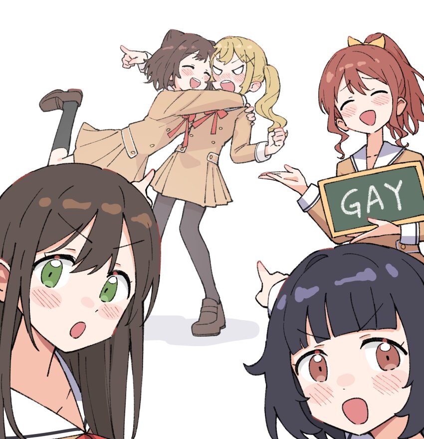 5girls absurdres angry bang_dream! black_hair black_thighhighs blonde_hair blush brown_eyes brown_hair chalkboard green_eyes hanasakigawa_school_uniform hanazono_tae highres holding hug ichigaya_arisa long_hair multiple_girls open_mouth poppin&#039;party punching red_sailor_collar sailor_collar school_uniform shoes short_hair simple_background skirt smile standing thighhighs toyama_kasumi twintails ushigome_rimi white_background yamabuki_saya yeeee_chen