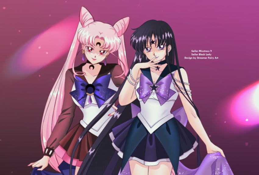 2girls adapted_costume aged_up bishoujo_senshi_sailor_moon bishoujo_senshi_sailor_moon_r bishoujo_senshi_sailor_moon_s black_hair black_lady_(sailor_moon) black_sailor_collar breasts chibi_usa choker cone_hair_bun crescent crescent_facial_mark crystal_earrings dark_persona double_bun earrings facial_mark forehead_mark hair_bun highres jewelry koya lipstick long_hair looking_at_viewer makeup medium_breasts mistress_9 multiple_girls pink_hair pink_sailor_collar purple_lips sailor_chibi_moon sailor_collar sailor_saturn sailor_senshi_uniform smile star_(symbol) star_choker star_facial_mark tomoe_hotaru very_long_hair