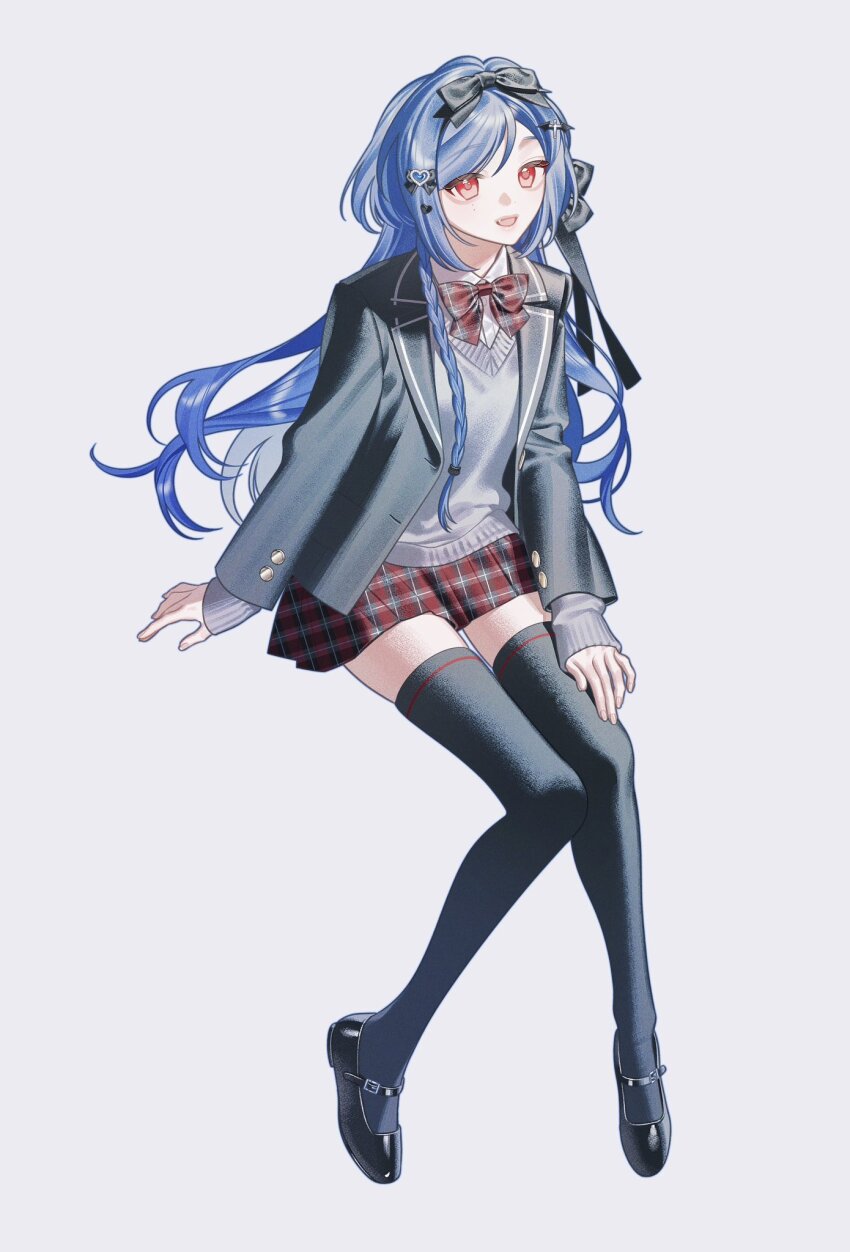 1girl black_jacket black_thighhighs blue_hair commission full_body grey_sweater highres jacket nanoka_san open_mouth original red_eyes red_skirt shirt simple_background sitting skirt smile solo sweater thighhighs white_background white_shirt