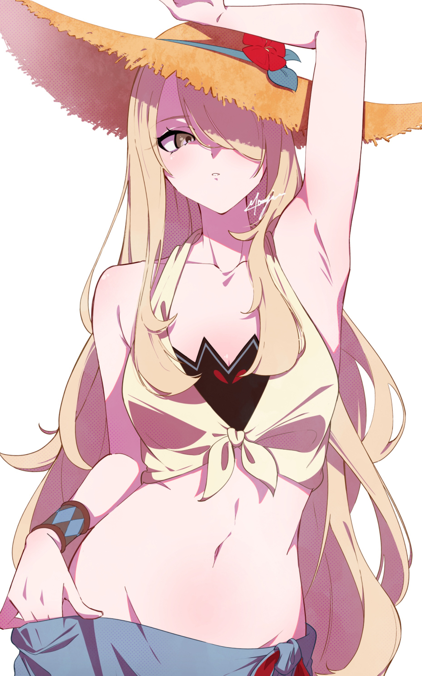 1girl absurdres arm_up armpits bare_shoulders blonde_hair blue_sarong breasts collarbone commentary crop_top cynthia_(pokemon) cynthia_(summer_2025)_(pokemon) flower hair_over_one_eye hat hat_flower highres long_hair looking_at_viewer marie_(pixiv59672544) navel nintendo official_alternate_costume one_eye_covered pokemon pokemon_masters_ex sarong shirt signature simple_background solo straw_hat sun_hat tied_shirt upper_body very_long_hair white_background yellow_eyes