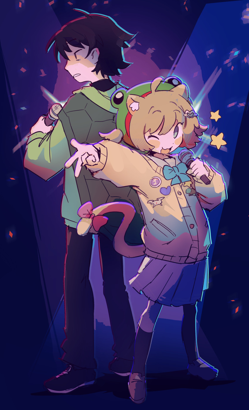 1boy 1girl :d ;3 abstract_background absurdres ahoge animal_ear_fluff animal_ears aqua_bow aqua_bowtie asymmetrical_legwear back-to-back backlighting badge bags_under_eyes black_footwear black_hair black_pants black_shirt black_socks black_thighhighs blue_background blue_eyes blue_sailor_collar blue_skirt blush_stickers bow bowtie brown_footwear brown_hair button_badge buttons cardigan cat_ears cat_tail clenched_teeth commentary confetti dot_nose english_commentary frog_hat full_body green_hoodie gyaru_w hair_ornament hairpin heart heart_button heart_hair_ornament highres holding holding_microphone hood hoodie indie_virtual_youtuber loafers long_sleeves looking_at_viewer looking_to_the_side medium_skirt microphone multicolored_background music neuro-sama one_eye_closed open_mouth outstretched_arm pants pasharuu pleated_skirt pocket purple_background red_bow sailor_collar shirt shoes short_hair singing single_sock single_thighhigh skirt smile sneakers socks standing star_(symbol) star_button swept_bangs tail tail_bow tail_ornament teeth thighhighs three_quarter_view turtle_button turtle_costume uneven_legwear vedal987 virtual_youtuber w yellow_cardigan