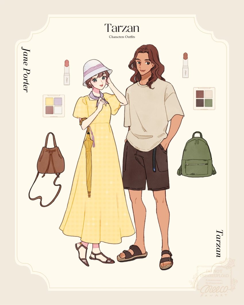 1girl bag brown_hair contemporary dress full_body hair_bun highres jane_porter lips long_hair looking_at_viewer meecosme sandals short_hair simple_background smile standing tarzan_(disney) tarzan_(disney_movie) yellow_dress