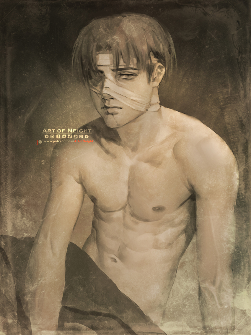 1boy abs art_of_neight bandage_over_one_eye blanket collarbone greyscale highres levi_(shingeki_no_kyojin) male_focus monochrome navel nude patreon_logo scar scar_on_face scar_on_mouth sepia shingeki_no_kyojin solo toned toned_male twitter_logo upper_body watermark web_address