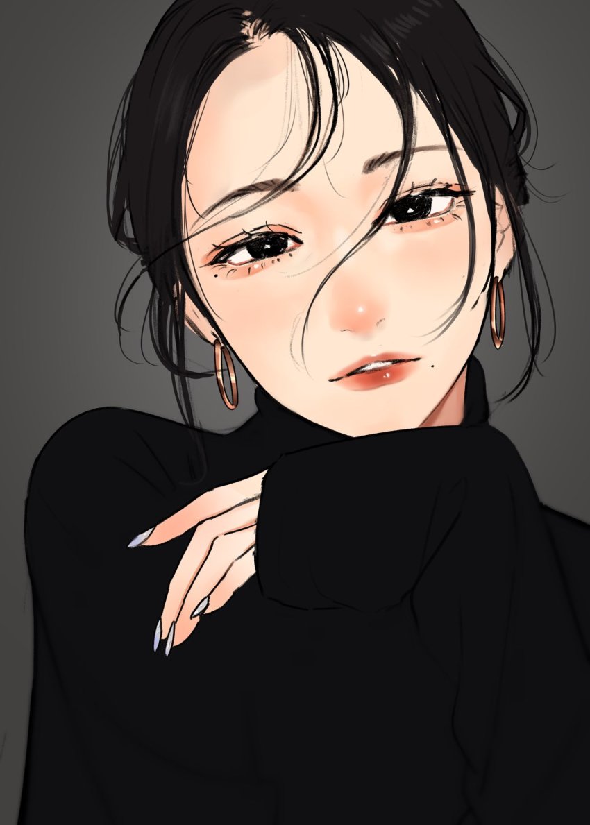 1girl black_hair black_sweater earrings forehead grey_background head_rest highres hoop_earrings jewelry looking_at_viewer mole mole_under_eye mole_under_mouth nail_polish original parted_lips round_eyewear saitou_(lynx-shrike) simple_background solo sweater turtleneck turtleneck_sweater