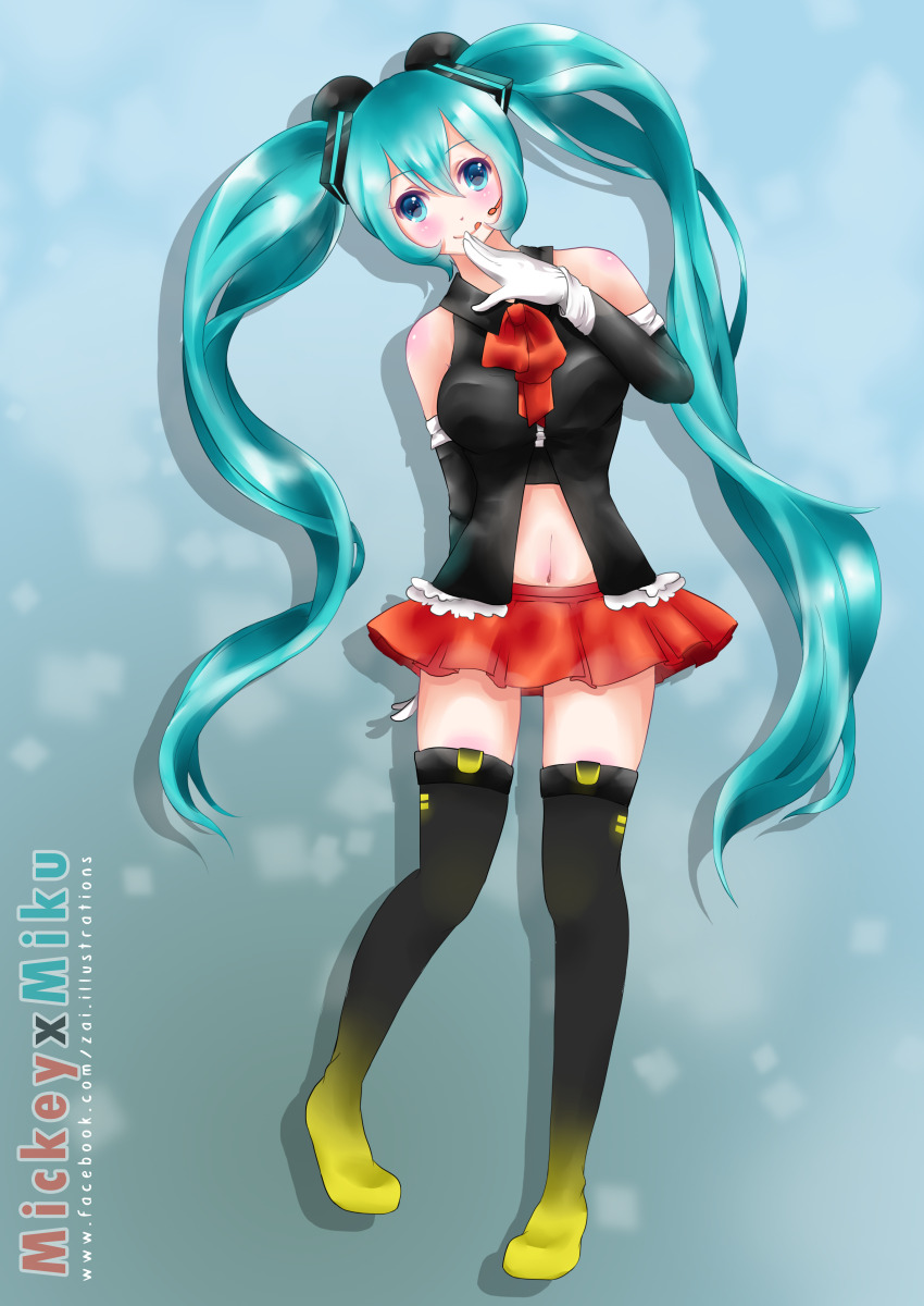 1girl absurdres animal_ears aqua_eyes aqua_hair babyhaemi blue_eyes blue_hair bow cosplay disney gloves hatsune_miku highres long_hair looking_at_viewer mickey_mouse mickey_mouse_&amp;_friends mickey_mouse_(cosplay) mouse_ears pantyhose shirt skirt sleeveless smile solo twintails very_long_hair vocaloid white_gloves