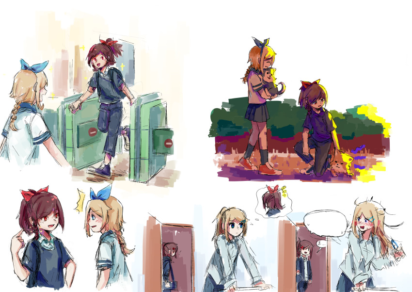 2girls backpack bag blue_eyes blush braid brown_hair dog hair_ornament hairclip haru_(yomawari) highres long_sleeves multiple_girls on_one_knee open_mouth pleated_skirt pointing pointing_at_self red_eyes red_footwear red_ribbon ribbon shin_yomawari shirt skirt starjinxin white_shirt yomawari yomawari_(series) yui_(yomawari)