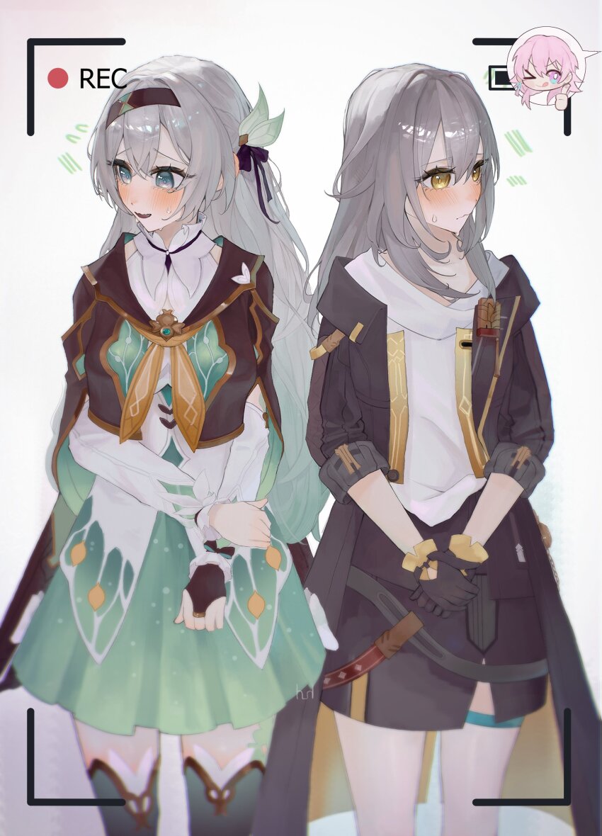 3girls absurdres aqua_dress aqua_thighhighs black_gloves blush bridal_gauntlets closed_mouth dress firefly_(honkai:_star_rail) gloves grey_hair hair_between_eyes hair_intakes hair_ornament hair_ribbon hairband hand_on_own_wrist highres honkai:_star_rail honkai_(series) hurbruh image_in_speech_bubble jacket long_hair march_7th_(honkai:_star_rail) multiple_girls neckerchief one_eye_closed open_clothes open_jacket open_mouth orange_neckerchief outside_border own_hands_together recording ribbon single_bridal_gauntlet stelle_(honkai:_star_rail) sweatdrop thighhighs tongue tongue_out trailblazer_(honkai:_star_rail) viewfinder