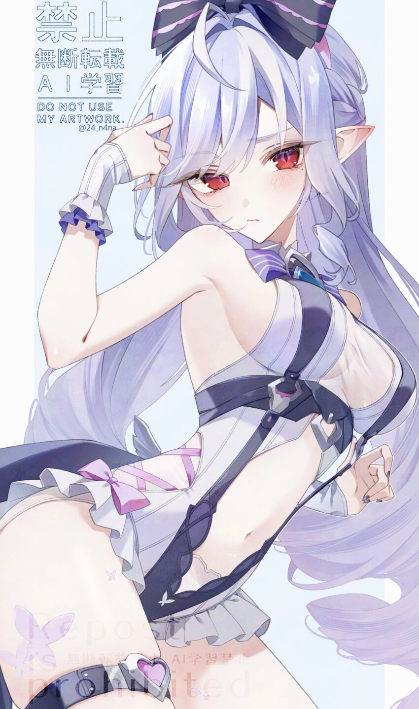 1girl absurdres animal_print bare_shoulders black_bow blue_background blue_gemstone blush bow bowtie breasts butterfly_print closed_mouth clothing_cutout commentary_request drill_hair frilled_one-piece_swimsuit frilled_wrist_cuffs frills gem hair_bow highres jujube_2513 long_hair looking_at_viewer medium_breasts mole mole_under_eye navel official_alternate_costume one-piece_swimsuit pink_bow pointy_ears purple_bow purple_bowtie purple_hair purple_nails red_eyes see-through_clothes sideboob_cutout solo stomach stomach_cutout swimsuit thigh_strap twitter_username two-tone_one-piece_swimsuit vivian_banshee vivian_banshee_(iris_of_the_shore) wrist_cuffs zenless_zone_zero