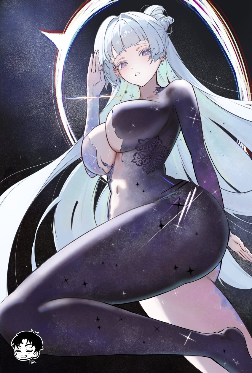 1girl absurdres ass black_hole bodysuit breasts danny_marx goddess_of_victory:_nikke highres large_breasts looking_at_viewer navel nayuta_(nikke) nayuta_(wu_wei)_(nikke) official_alternate_costume solo space_skin thick_eyelashes unusually_open_eyes