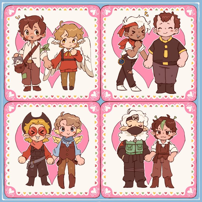 6+boys animification antennae bdoubleo100 bird_boy bird_wings blonde_hair blush brown_hair cat chibi chibi_only closed_eyes compass cosplay creeper dark-skinned_male dark_skin double_life_smp ethoslab froggyfr1day goodtimeswithscar green_eyes grian_(youtuber) hat hatake_kakashi hatake_kakashi_(cosplay) head_wings headband heart highres holding_hands horns impulsesv jellie_(hermitcraft) mask minecraft minecraft_youtube mouth_mask multiple_boys naruto_(classic) naruto_(series) orange_eyes pants pointy_ears scar shrek shrek_(cosplay) shrek_(series) smallishbeans solidaritygaming standing tangotek traffic_life_series valentine white_hair wings