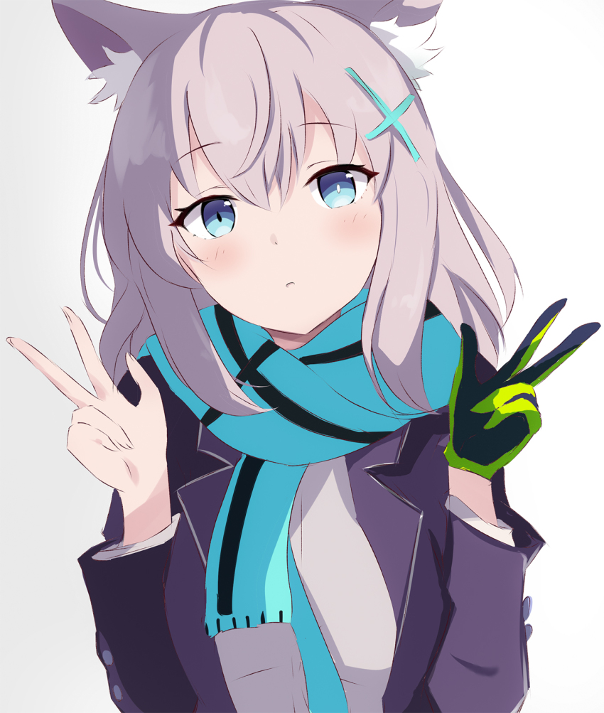 1girl animal_ears black_jacket blue_archive blue_eyes blue_scarf cat_ears closed_mouth double_v grey_hair hair_ornament highres jacket long_hair long_sleeves looking_at_viewer raifu_(rf) scarf school_uniform shiroko_(blue_archive) simple_background solo v white_background
