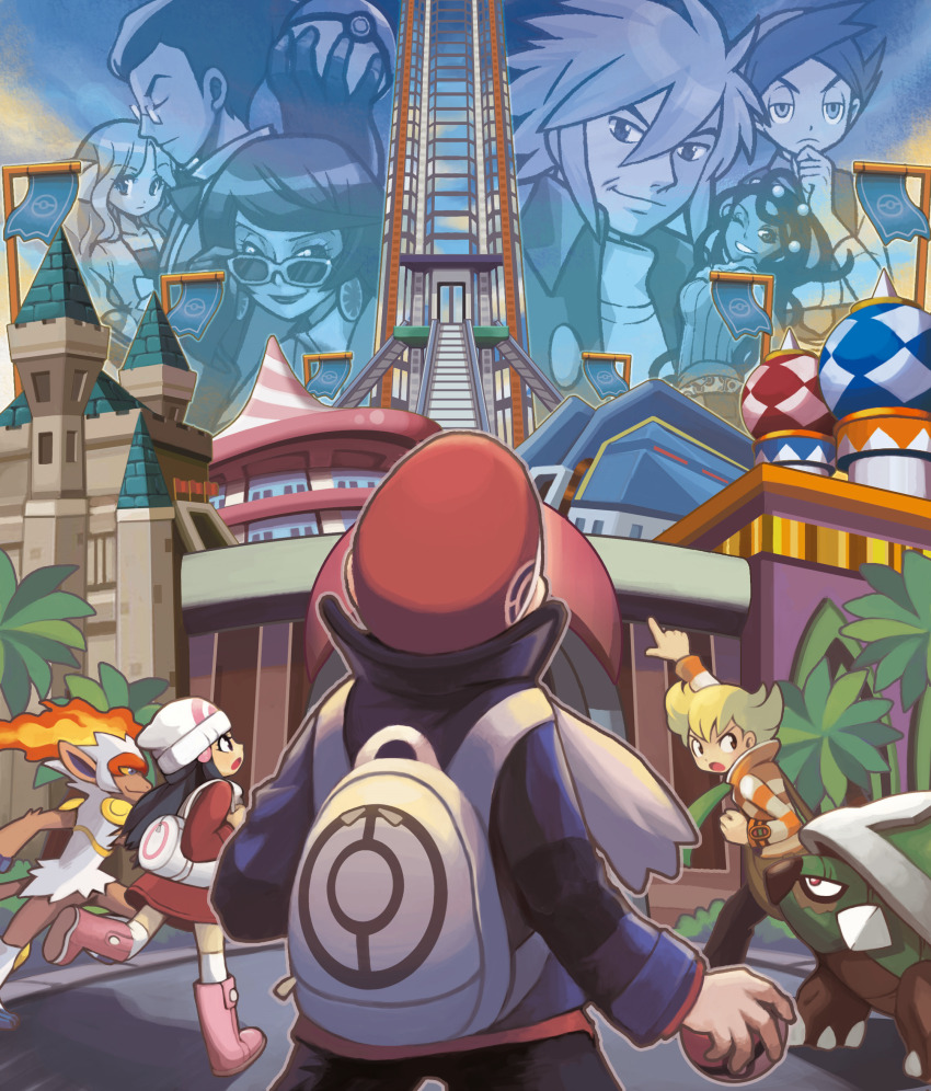 4girls 5boys :o absurdres argenta_(pokemon) artist_request backpack bag ball barry_(pokemon) battle_arcade_(pokemon) battle_castle_(pokemon) battle_factory_(pokemon) battle_frontier_(pokemon) battle_hall_(pokemon) battle_tower_(pokemon) beanie black_hair blonde_hair brown_eyes building caitlin_(pokemon) castle coat dahlia_(pokemon) darach_(pokemon) dawn_(pokemon) day flag gen_4_pokemon glasses grin hair_ornament hairclip hat highres holding holding_ball holding_poke_ball infernape long_hair looking_up lucas_(pokemon) multiple_boys multiple_girls nintendo official_art one_eye_closed outdoors palmer_(pokemon) pointing pointing_up poke_ball poke_ball_(basic) pokemon pokemon_(creature) pokemon_dppt pokemon_platinum red_hat smile spiked_hair standing swept_bangs third-party_source thorton_(pokemon) torterra walking white_hat winter_clothes