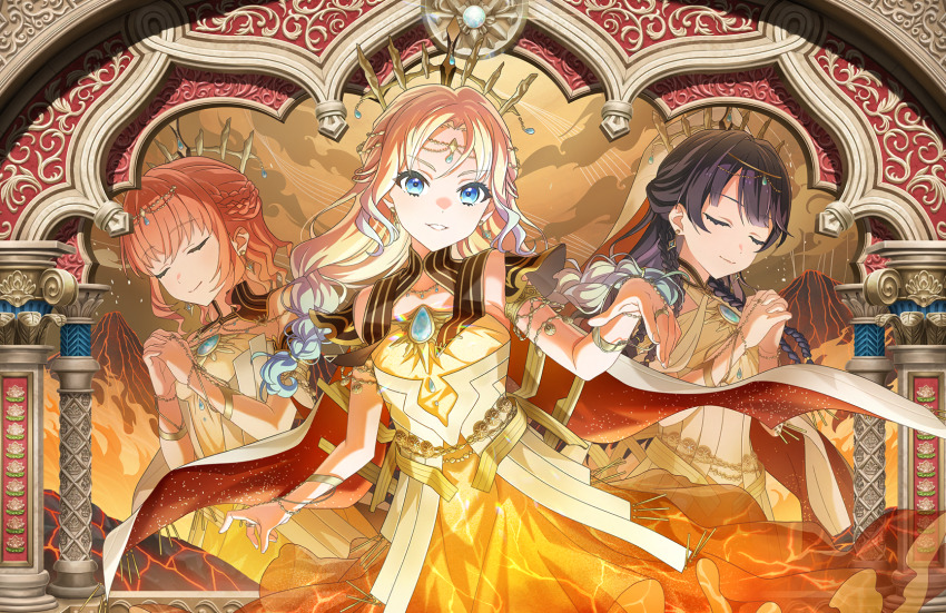 3girls bare_shoulders blonde_hair blue_eyes blue_hair braid closed_eyes collarbone curtained_hair dress game_cg gradient_hair grin half_up_braid half_updo hasu_no_sanrenka highres hinoshita_kaho hinoshita_kaho_(souzou_no_chihei_kara) link!_like!_love_live! long_hair looking_at_viewer love_live! low_twin_braids medium_hair multicolored_hair multiple_braids multiple_girls murano_sayaka murano_sayaka_(seigo_no_chihei_kara) non-web_source official_alternate_costume official_art orange_dress orange_hair osawa_rurino osawa_rurino_(choubou_no_chihei_kara) parted_bangs sleeveless sleeveless_dress smile strapless strapless_dress twin_braids v-shaped_eyebrows virtual_youtuber