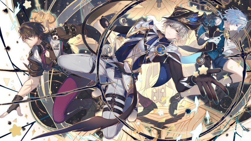 3boys alternate_costume aqueasirius ascot baggy_shorts belt black_belt black_boots black_gloves black_hat black_jacket black_shirt black_shoes blue_hair blue_shorts blue_vest boots brown_hair buttons caelus_(honkai:_star_rail) chinese_commentary closed_mouth clothing_cutout collared_shirt commentary_request facial_hair fingerless_gloves fingernails full_body gallagher_(honkai:_star_rail) gears gloves gold_trim grey_hair grey_pants hands_up hat highres honkai:_star_rail honkai_(series) jacket lapels long_sleeves looking_at_viewer looking_to_the_side male_focus mechanical_hands medium_hair misha_(honkai:_star_rail) multiple_boys necktie open_clothes open_jacket open_mouth pants pocket_watch purple_eyes purple_necktie purple_pants red_eyes robot scar septimus_(honkai:_star_rail) shirt shoes short_hair shorts shoulder_cutout smile star_(symbol) symbol-shaped_pupils tassel teeth thigh_strap trailblazer&#039;s_hat_(honkai:_star_rail) trailblazer_(honkai:_star_rail) triangle two-tone_vest vest watch white_ascot white_boots white_gloves white_vest wide_sleeves yellow_eyes