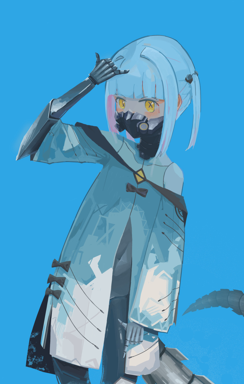1girl absurdres blue_archive blue_background colored_inner_hair commentary cowboy_shot dreimon ein_(blue_archive) hand_up highres jacket long_sleeves looking_at_viewer mask mechanical_hands mechanical_tail medium_hair multicolored_hair pink_hair respirator simple_background solo symbol-shaped_pupils tail white_hair white_jacket x-shaped_pupils yellow_eyes