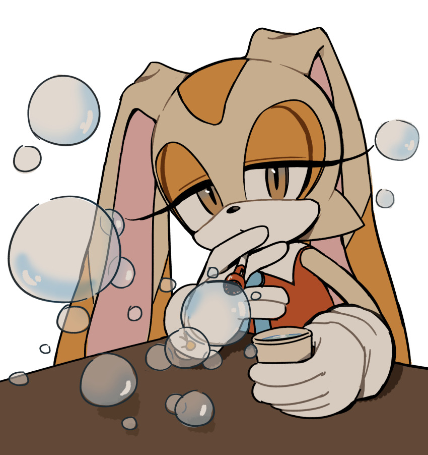 1girl animal_ears animal_nose blowing_bubbles brown_eyes bubble_pipe child collared_dress cream_the_rabbit cup disposable_cup dress furry furry_female gloves half-closed_eyes head_tilt highres holding holding_cup long_eyelashes orange_fur rabbit_ears rabbit_girl red_dress sleeveless sleeveless_dress soap_bubbles sonic_(series) table unneul very_long_ears white_gloves