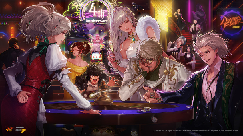 agent_(dungeon_and_fighter) anniversary artist_request black_dress black_hair black_suit brown_hair casino cup dark_knight_(dungeon_and_fighter) demonic_lancer dress dress_shirt dress_vest drinking_glass dungeon_and_fighter earpiece female_fighter_(dungeon_and_fighter) female_gunner_(dungeon_and_fighter) female_priest_(dungeon_and_fighter) female_slayer_(dungeon_and_fighter) formal_clothes fur_trim gambling glasses gunblader_(dungeon_and_fighter) highres knight_(dungeon_and_fighter) male_fighter_(dungeon_and_fighter) male_gunner_(dungeon_and_fighter) male_priest_(dungeon_and_fighter) male_slayer_(dungeon_and_fighter) neon_lights official_art official_wallpaper panicking pink_hair poker_chip red_dress roulette roulette_table seria_kirmin shirt slot_machine suit sweat table thief_(dungeon_and_fighter) white_dress white_hair wine_glass yellow_dress