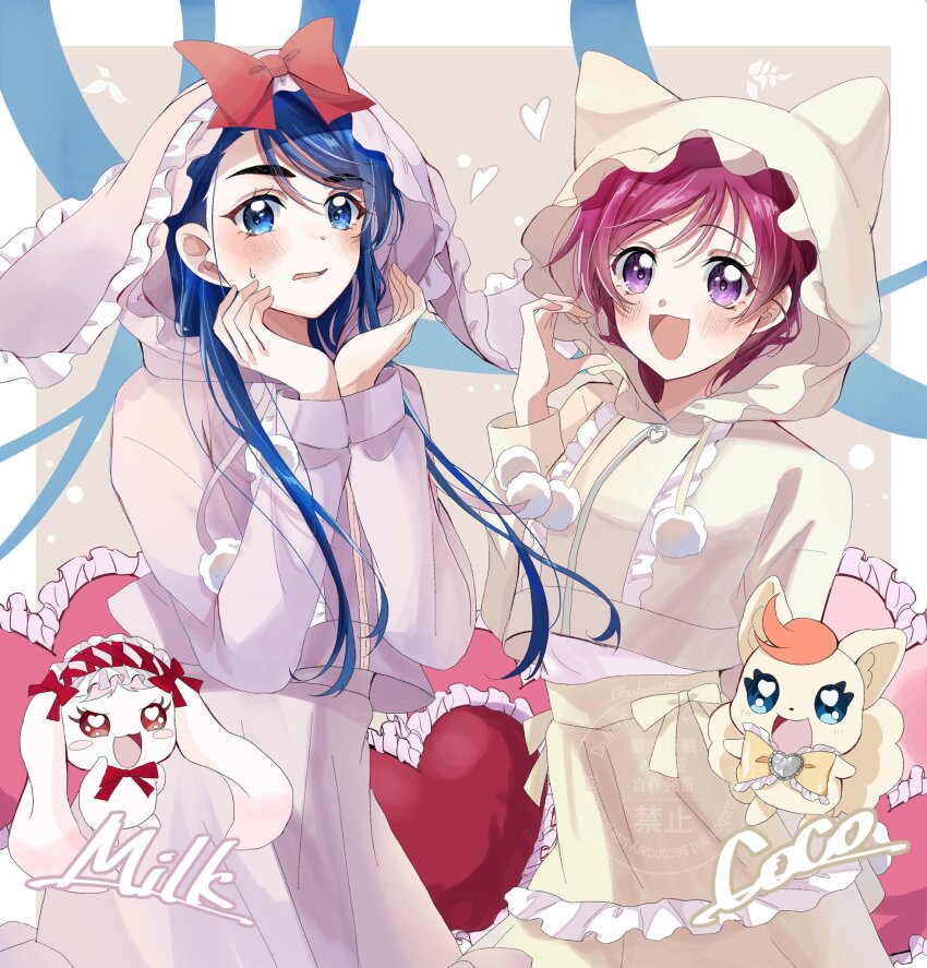 :d animal_ears blue_eyes blue_hair blush bow coat coco_(yes!_precure_5) english_text fox fox_ears half-heart_hands heart heart_hands highres long_hair long_sleeves looking_at_viewer milk_(yes!_precure_5) minazuki_karen official_alternate_costume open_mouth pink_hair precure purple_eyes rabbit rabbit_ears red_bow sakumupre5 short_hair smile thick_eyebrows yes!_precure_5 yumehara_nozomi