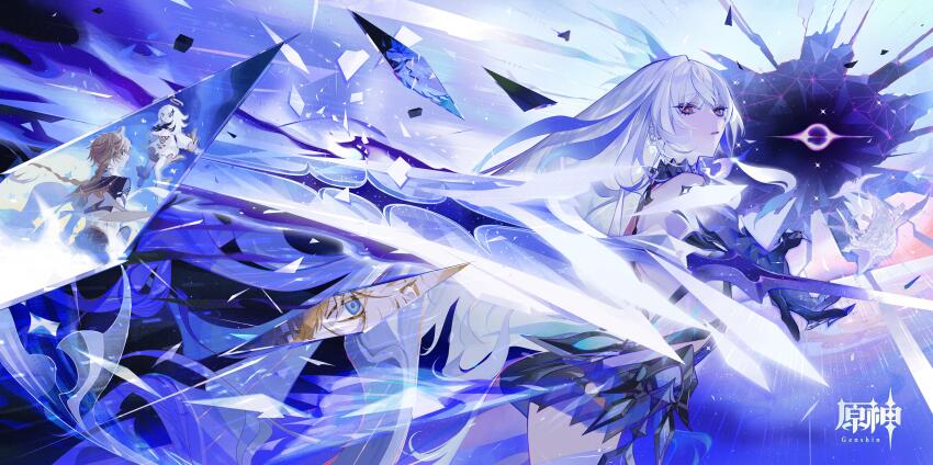 1boy 2girls absurdres aether_(genshin_impact) all-devouring_narwhal_(genshin_impact) bare_shoulders blonde_hair commentary_request copyright_name cowboy_shot genshin_impact highres long_hair looking_at_viewer molatoliamu multiple_girls paimon_(genshin_impact) red_eyes second-party_source shards skirk_(genshin_impact) white_hair