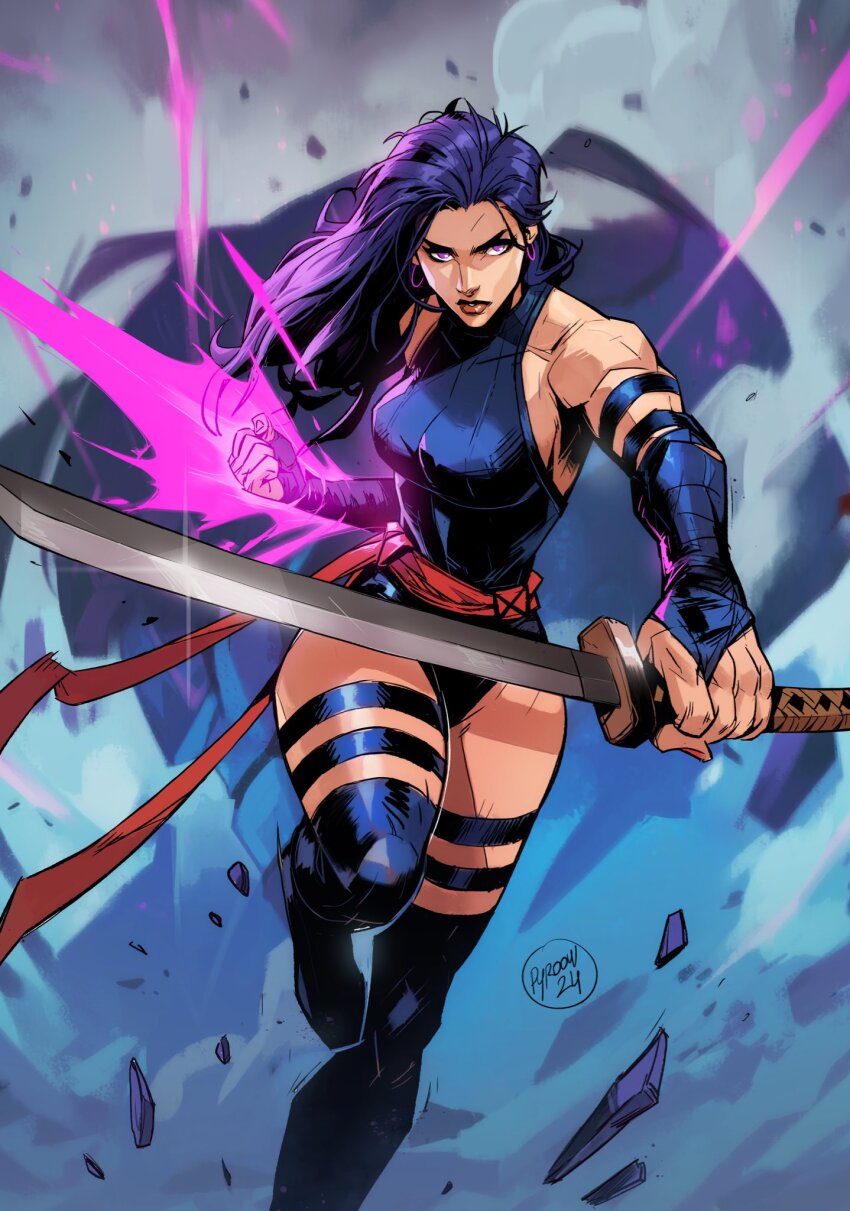 1girl animification bare_shoulders blue_leotard breasts elbow_gloves gloves hicham_habchi highleg highleg_leotard highres holding holding_sword holding_weapon large_breasts leotard long_hair looking_at_viewer marvel psylocke purple_eyes purple_hair sash sentinel_(x-men) solo superhero_costume sword thighhighs weapon x-men