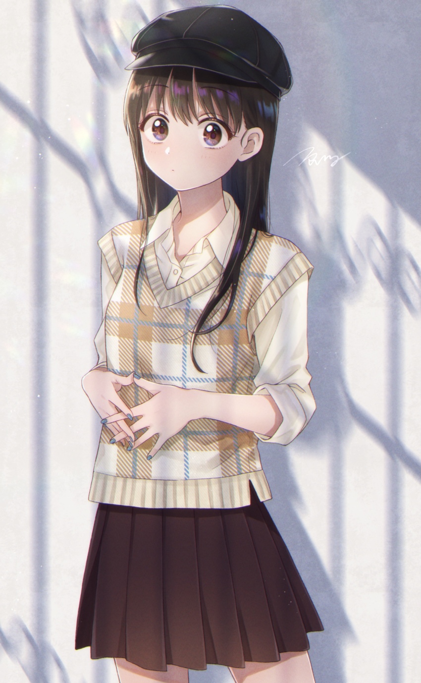 1girl black_hat blue_nails brown_eyes brown_skirt collared_shirt cowboy_shot hair_behind_ear hat highres isshokuitaru long_hair long_sleeves nail_polish original plaid_clothes plaid_sweater plaid_sweater_vest pleated_skirt shirt signature skirt sleeves_rolled_up solo standing sweater sweater_vest tareme white_shirt