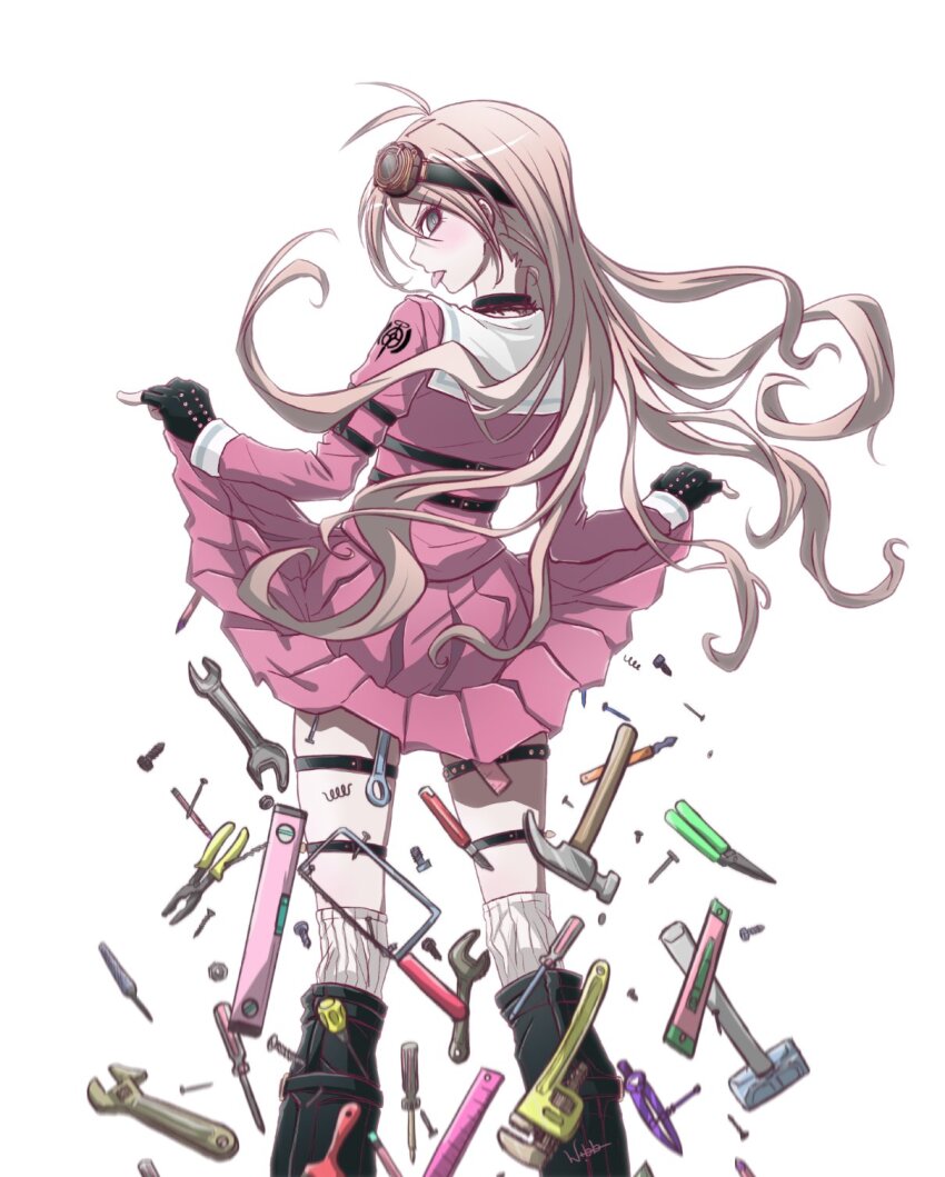1girl :p antenna_hair black_choker black_footwear black_gloves blonde_hair choker clothes_lift danganronpa_(series) danganronpa_v3:_killing_harmony feet_out_of_frame fingerless_gloves gloves goggles goggles_on_head hammer highres iruma_miu long_hair looking_back monogatari_(series) pink_shirt pink_skirt pleated_skirt senjougahara_pose shirt simple_background skirt skirt_lift solo tongue tongue_out tools white_background wibboo