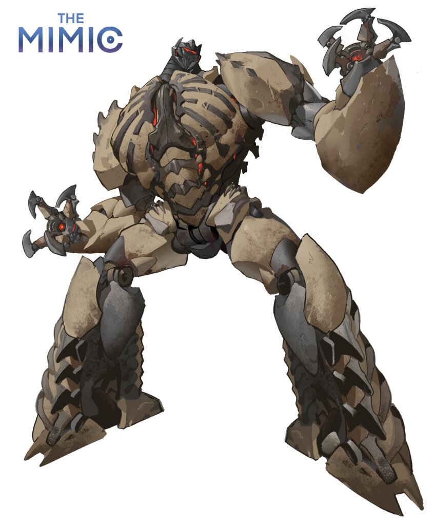 assault_visor autobot english_text full_body grimlock head_tilt highres kamitoge_supino looking_up mecha mecha_focus no_humans redesign robot science_fiction solo transformers white_background