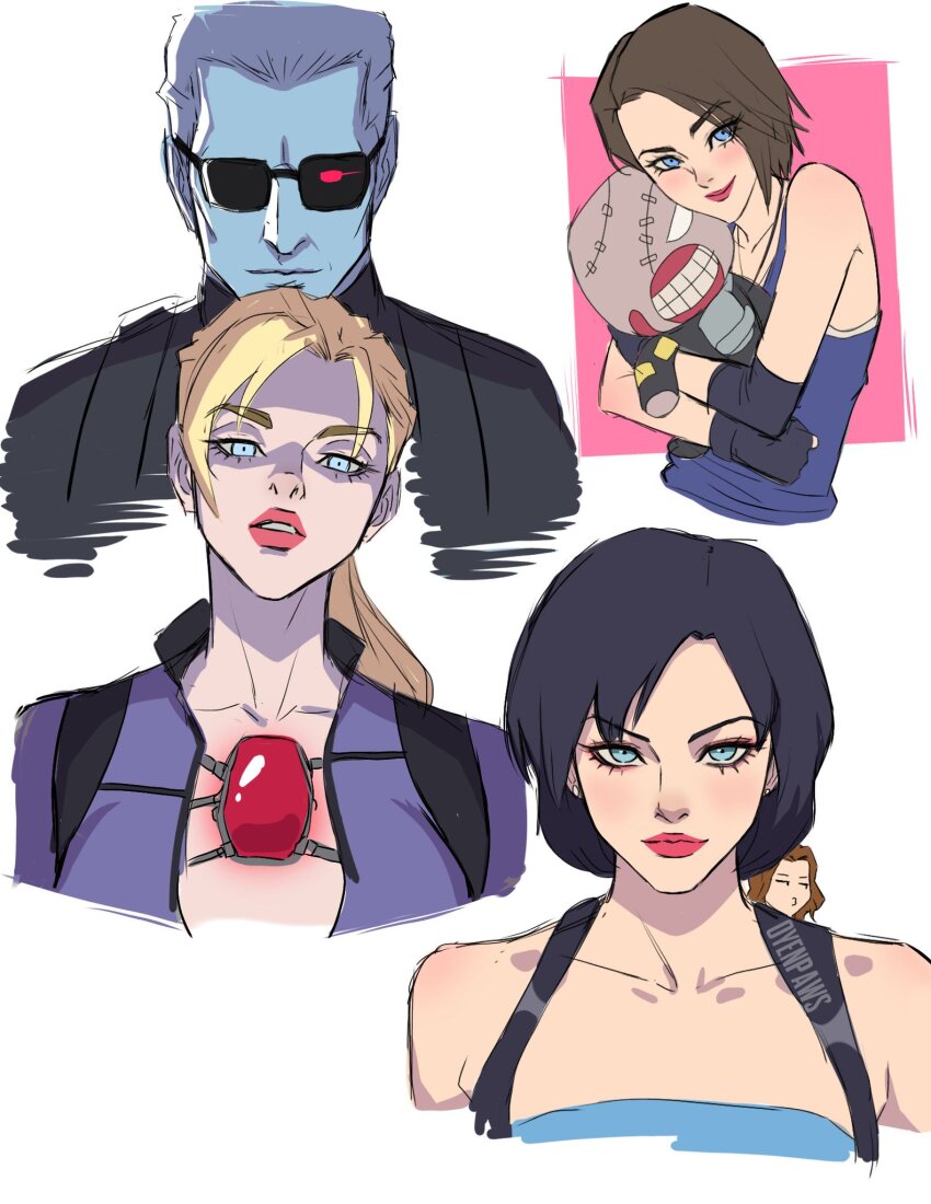 1boy albert_wesker alice_(resident_evil) black_gloves black_hair blonde_hair blue_eyes brown_hair gloves glowing glowing_eyes highres holding holding_stuffed_toy jill_valentine multiple_persona nemesis_(resident_evil) oyenpaws ponytail resident_evil resident_evil:_apocalypse resident_evil_3:_nemesis resident_evil_3_(remake) simple_background smile stuffed_toy sunglasses white_background