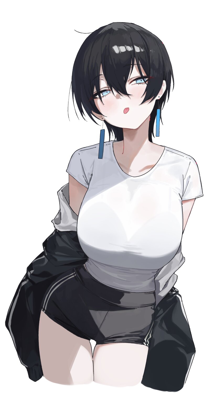 1girl absurdres black_hair black_jacket black_shorts blue_eyes breasts cropped_legs earrings hair_between_eyes highres jacket jewelry large_breasts looking_at_viewer off_shoulder original shirt short_hair short_shorts short_sleeves shorts simple_background solo soya_(torga) thigh_gap thighs tongue tongue_out white_background white_shirt