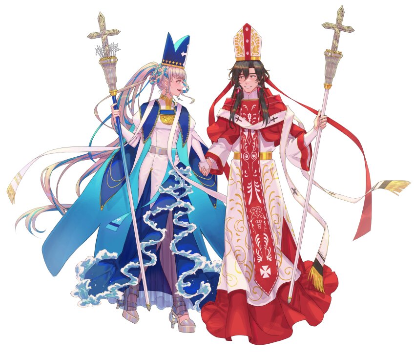 1boy 1girl absurdres belt black_hair blue_cape blue_hair blue_skirt braid braided_hair_rings brown_eyes cape constantine_xi_(fate) cosplay crosier cross cross_earrings dnstar_1019 dress earrings eye_contact fate/grand_order fate_(series) fringe_trim full_body gold_belt gold_trim grey_belt grey_hair grey_shoes hair_between_eyes hair_rings hat high_heels highres holding holding_hands holding_staff jewelry johanna_(fate) johanna_(fate)_(cosplay) johanna_(third_ascension)_(fate) juliet_sleeves korean_commentary long_hair long_sleeves looking_at_another mitre multicolored_eyes multicolored_hair open_mouth parted_bangs ponytail pope puffy_sleeves purple_eyes robe shoes side_slit simple_background skirt smile staff standing streaked_hair teeth two-tone_eyes very_long_hair white_background white_dress white_robe wide_sleeves yellow_eyes