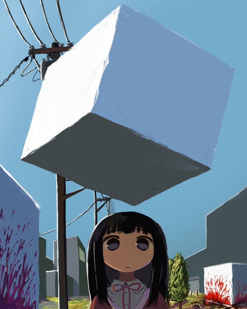 1girl black_hair blood blue_eyes blue_sky building closed_mouth cube day film_grain floating highres looking_at_viewer no_nose original outdoors power_lines sky solo tree utility_pole xuwq1h