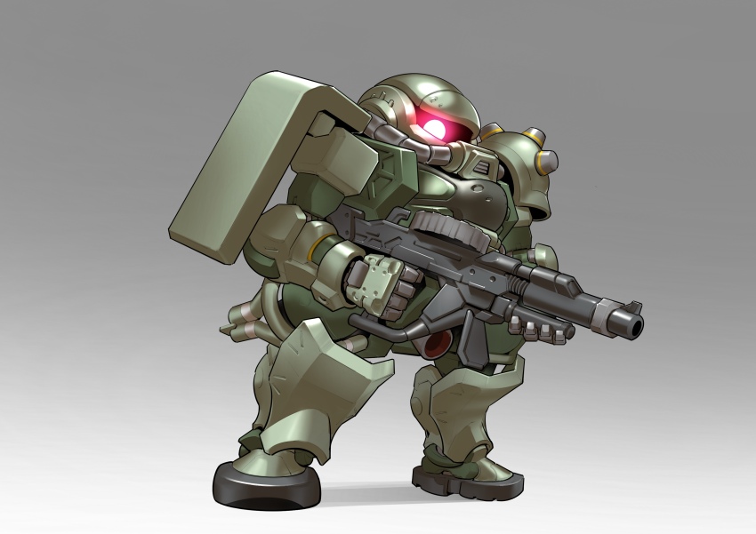 absurdres chibi chinese_commentary commentary_request finger_on_trigger full_body glowing glowing_eye gun gundam gundam_gquuuuuux highres holding holding_gun holding_weapon looking_at_viewer making-of_available mecha mecha_focus mobile_suit no_humans one-eyed red_eyes robot science_fiction sd_gundam solo standing weapon zaku_ii zakuma