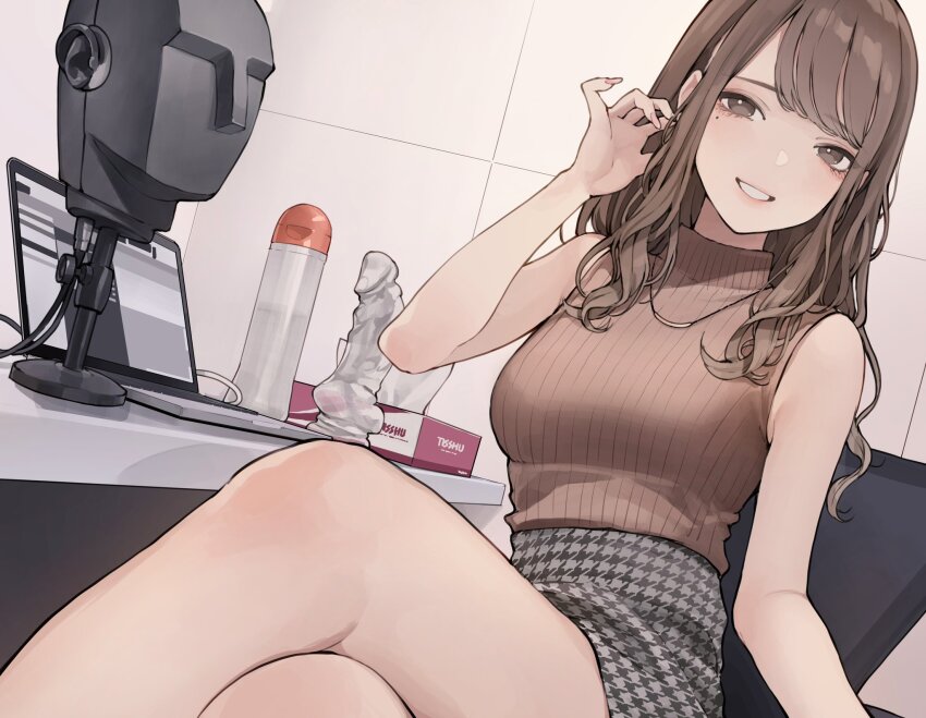 1girl adjusting_hair binaural_microphone breasts brown_eyes brown_sweater chair computer crossed_legs dildo grey_skirt highres indoors koh_(minagi_kou) laptop lube medium_breasts microphone mole mole_under_eye original sex_toy sitting skirt sleeveless sleeveless_turtleneck solo sweater turtleneck