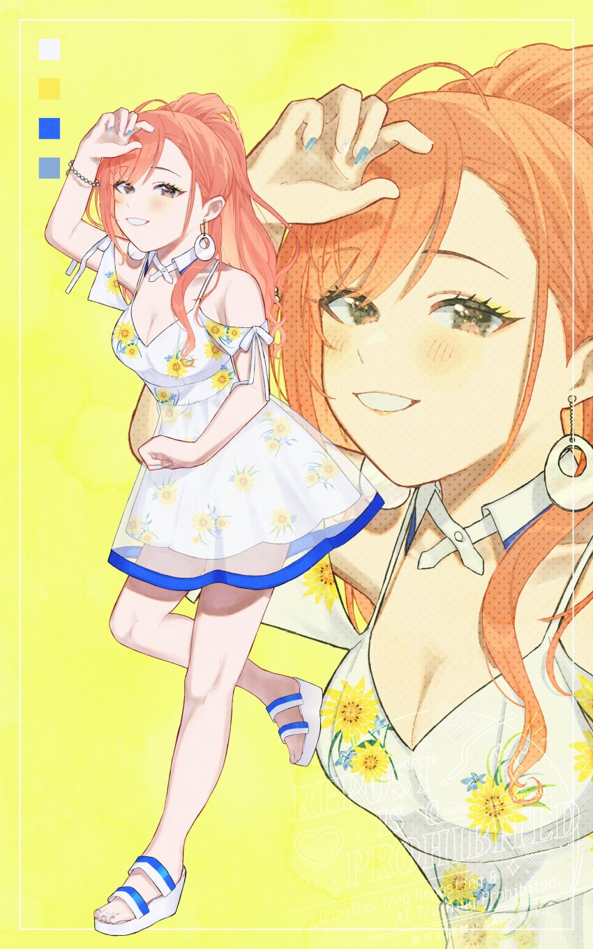 1girl 965ma_mogumogu absurdres ahoge arisugawa_natsuha asymmetrical_bangs bead_bracelet beads blue_nails bracelet breasts brown_eyes cleavage color_guide cross_tie detached_collar dress earrings eyelashes floral_print floral_print_dress foot_up grin hand_over_face highres idolmaster idolmaster_shiny_colors jewelry knees large_breasts layered_skirt lips long_hair multicolored_nails off-shoulder_dress off_shoulder orange_hair platform_sandals ponytail sandals see-through_clothes see-through_skirt skirt smile solo spaghetti_strap swept_bangs teeth white_dress white_nails white_sandals wing_collar yellow_background zoom_layer