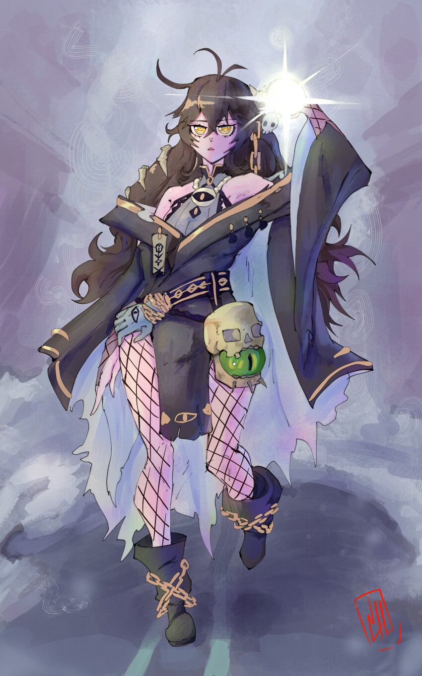 absurdres ahoge bare_shoulders belt black_robe boots boutsoftheblind breasts cape chain collared_shirt commission expressionless fishnet_pantyhose fishnet_sleeves fishnets fog grimmi_(vtuber) highres indie_virtual_youtuber long_hair magic off_shoulder official_alternate_costume orb outdoors pale_skin pantyhose pixiv_commission ringed_eyes road robe shirt signature skull spell torn_cape torn_clothes torn_robe very_long_hair walking witch yellow_eyes