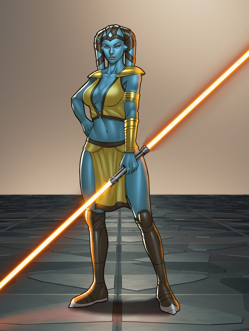 1girl absurdres alien black_boots blue_eyes blue_skin boots breasts cleavage colored_skin crop_top double_bladed_lightsaber energy_sword gold_armlet highres holding holding_sword holding_weapon invictarex lightsaber looking_at_viewer medium_breasts midriff navel orange_lightsaber pelvic_curtain side_slit skirt solo standing star_wars sword twi&#039;lek weapon yellow_skirt